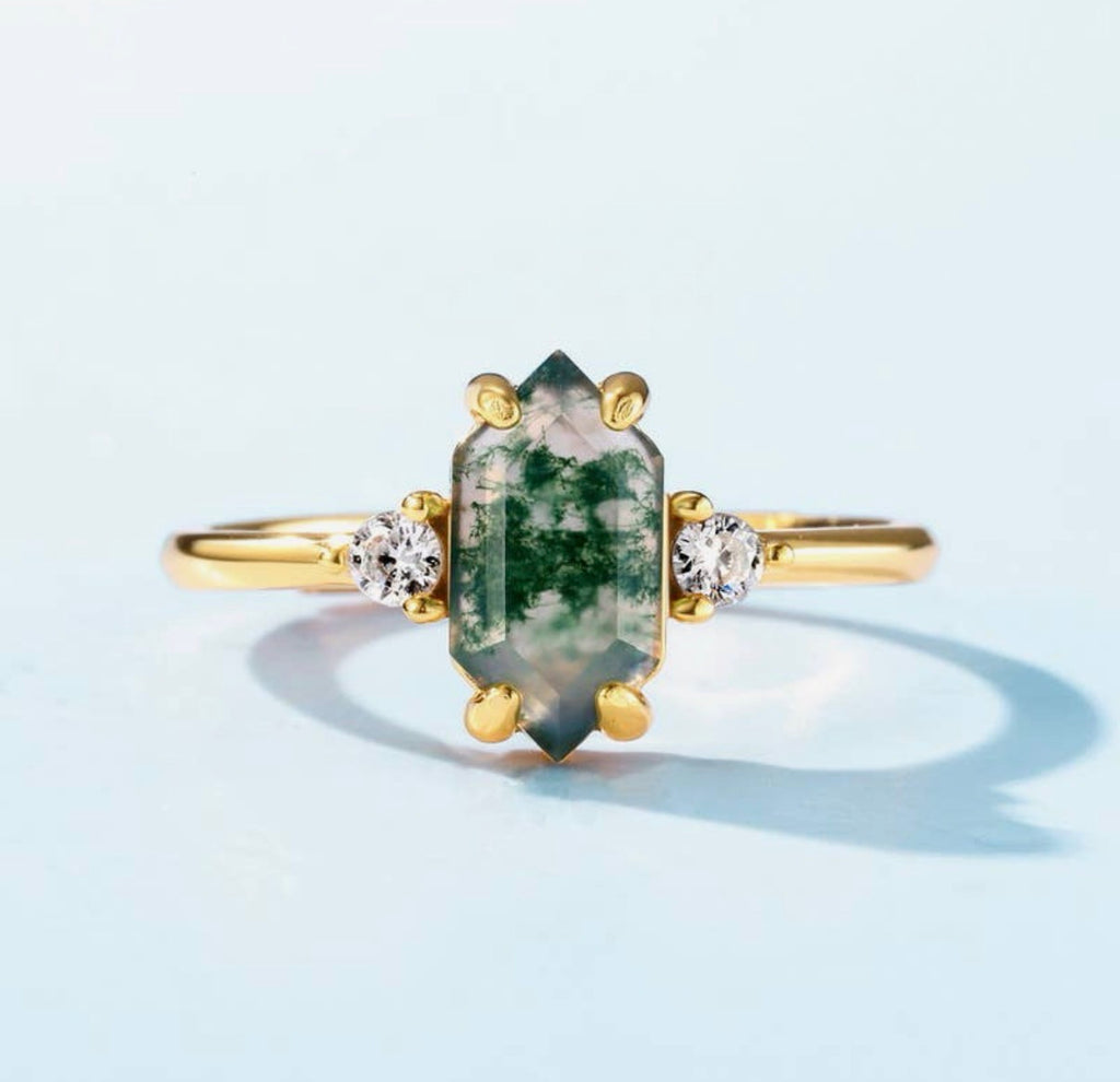 Anello esagonale in agata muschiata (argento 925)