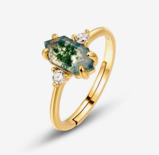 Anello esagonale in agata muschiata (argento 925)