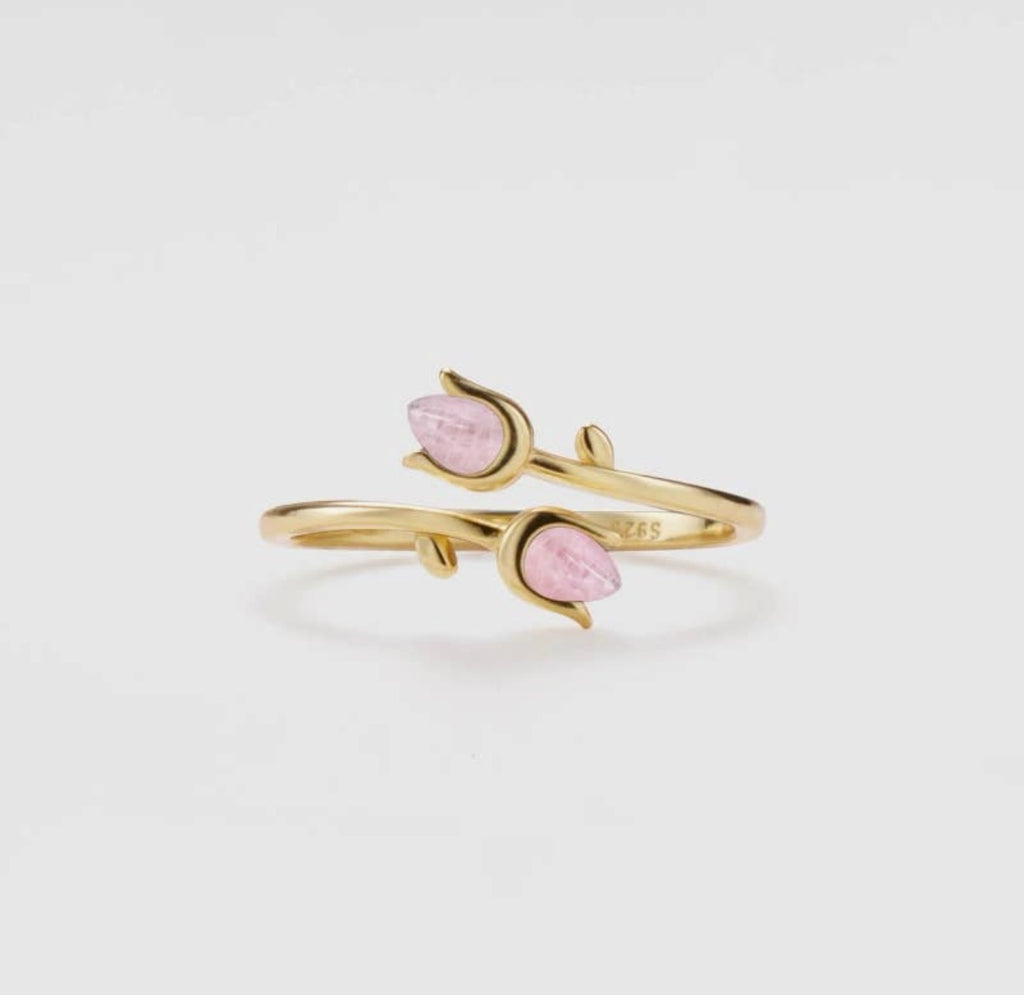 Anello con tulipani in quarzo rosa (argento 925)
