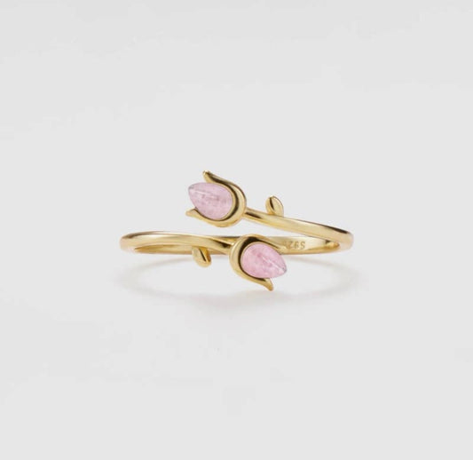 Anello con tulipani in quarzo rosa (argento 925)
