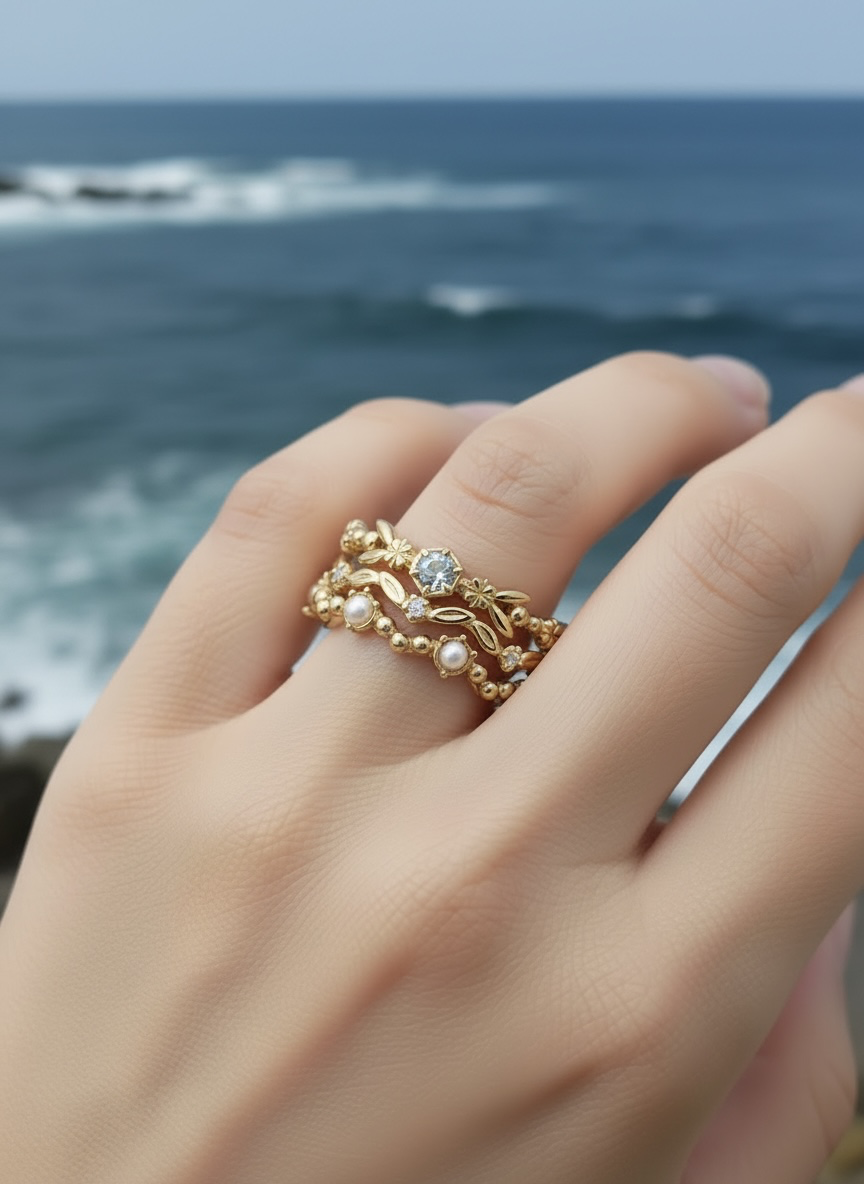 Triplo anello impilabile in acquamarina (argento 925)
