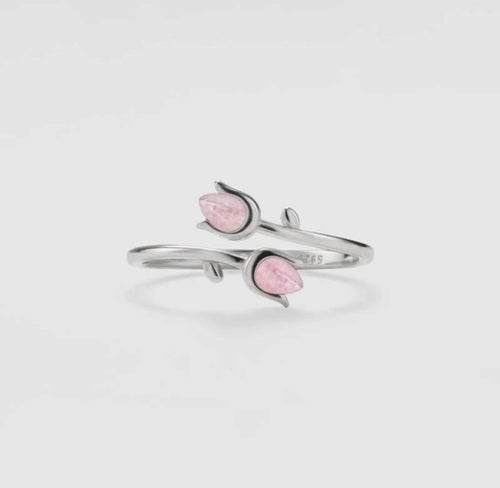 Anello con tulipani in quarzo rosa (argento 925)