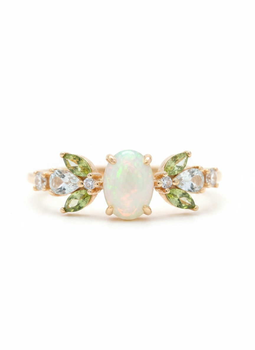 Anello con opale artificiale e foglie (rame placcato oro)