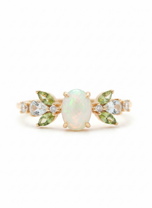 Anello con opale artificiale e foglie (rame placcato oro)