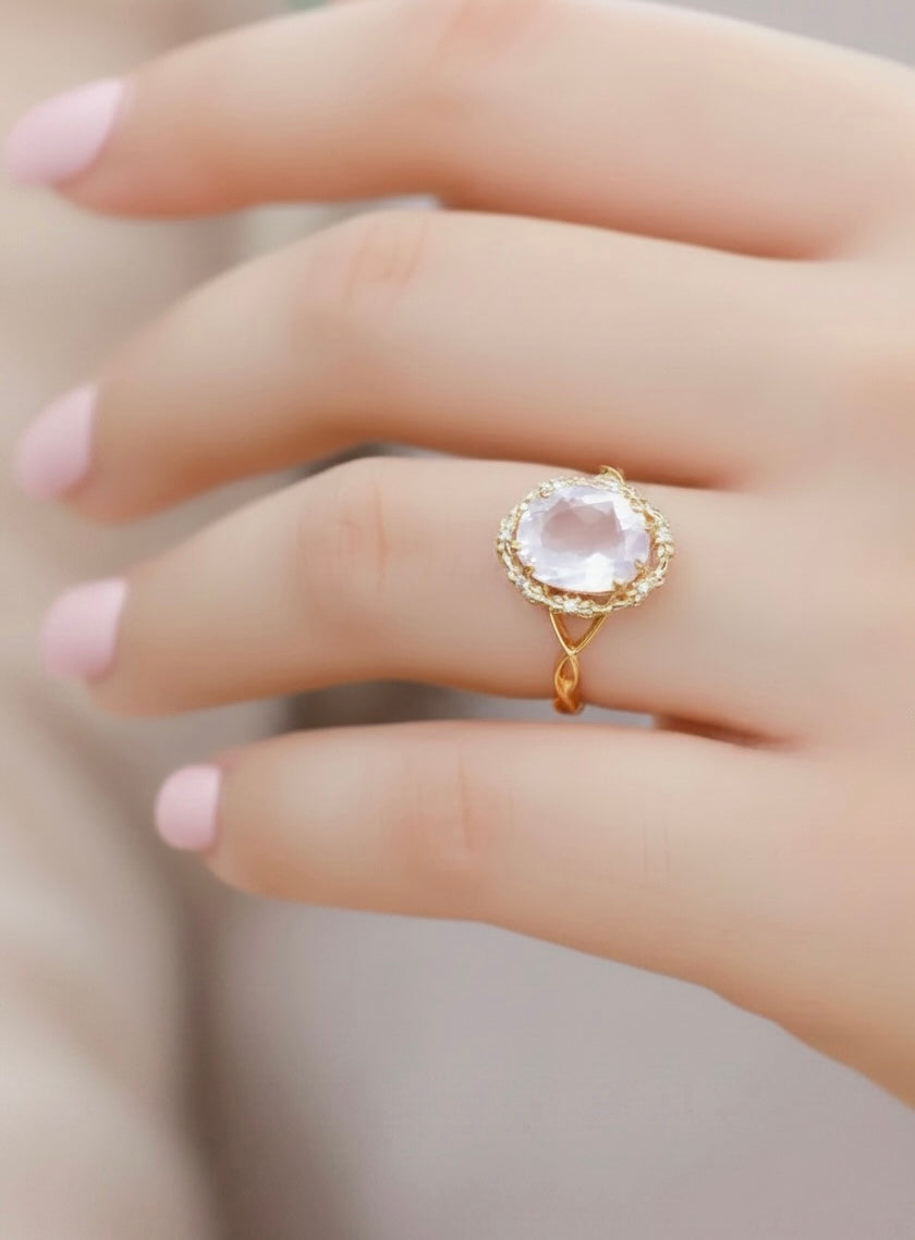 Anello floreale in quarzo rosa (argento 925)